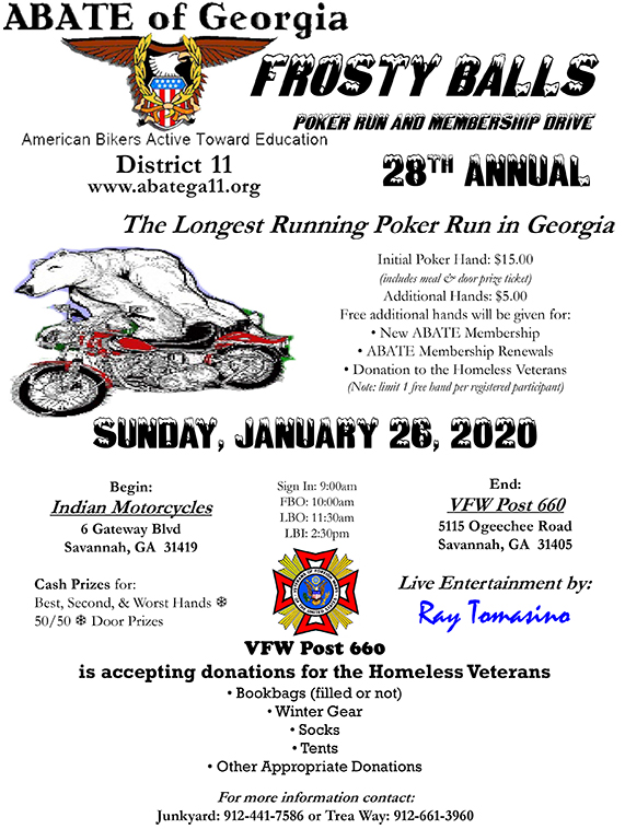 ABATE of Georgia, District 11 28th Annual Frosty Balls Poker Run and Membership Drive @ Indian Motorcycles of Savannah | Savannah | Georgia | United States