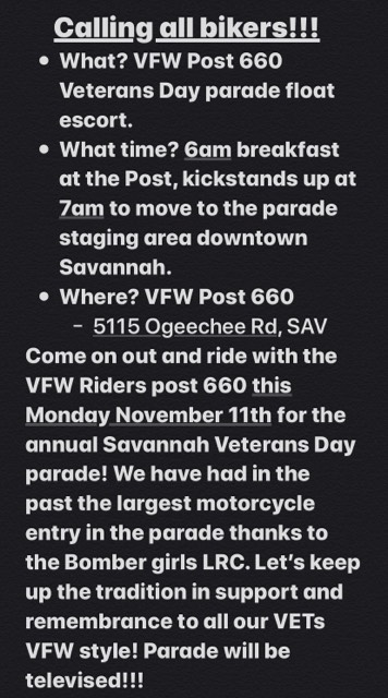 VFW Post 660 - Veteran's Day Parade Float Motorcycle Escort @ VFW Post 660 | Savannah | Georgia | United States