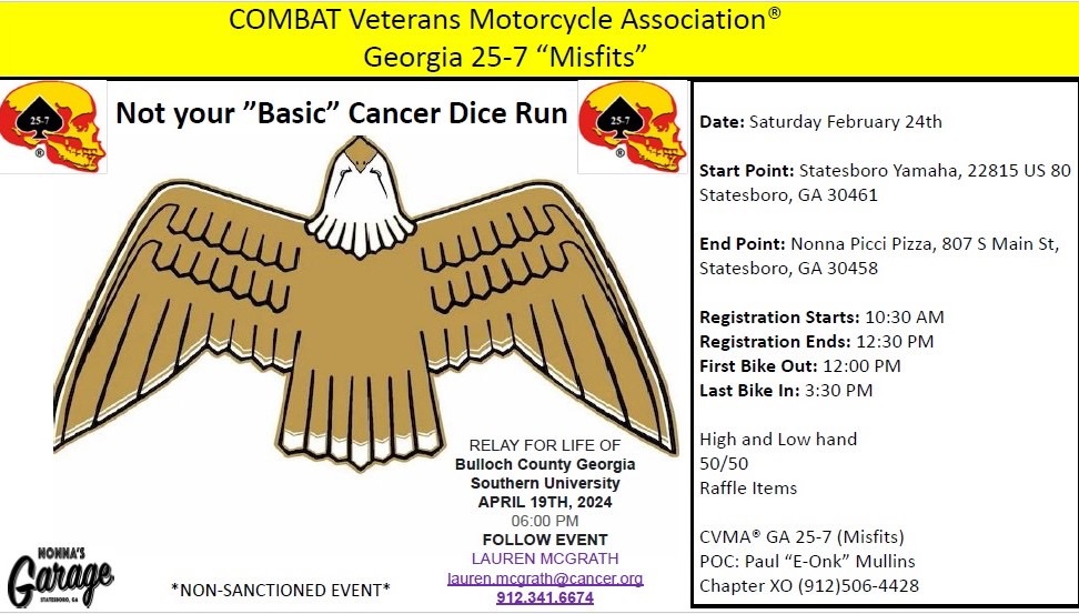 CVMA - Not your "Basic" Cancer Dice Run @ Statesboro Yamaha | Statesboro | Georgia | United States